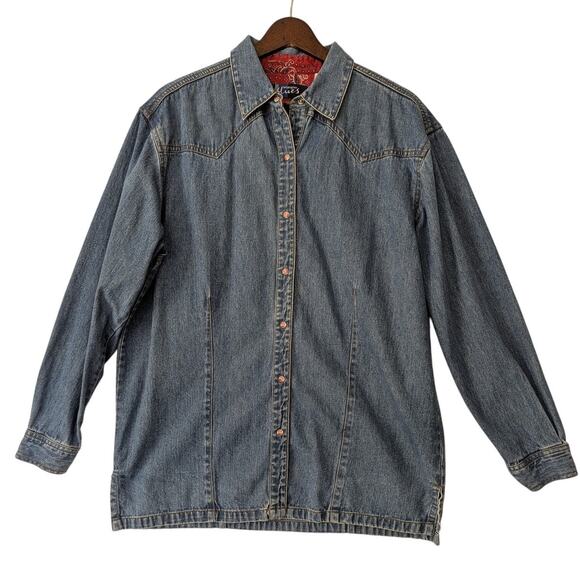 Vintage Wrangler‎ Blues Womens Denim Pearl Snap Shirt Size L Western 80s Retro - Picture 1 of 9